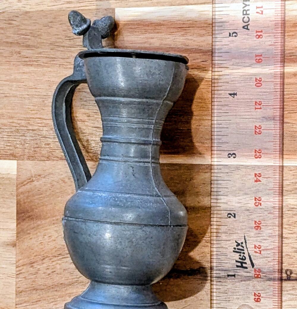 Vintage Miniature Pewter Flagon Pitcher 5" Double Acorn Lid Touchmark Crest